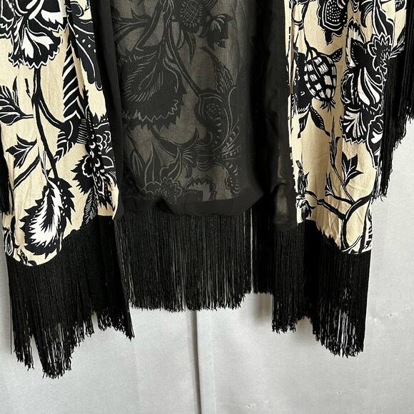 Women's EUC MNG Tan & Black Western Boho Floral Sheer Kimono Fringe Open One Sz - Picture 5 of 8